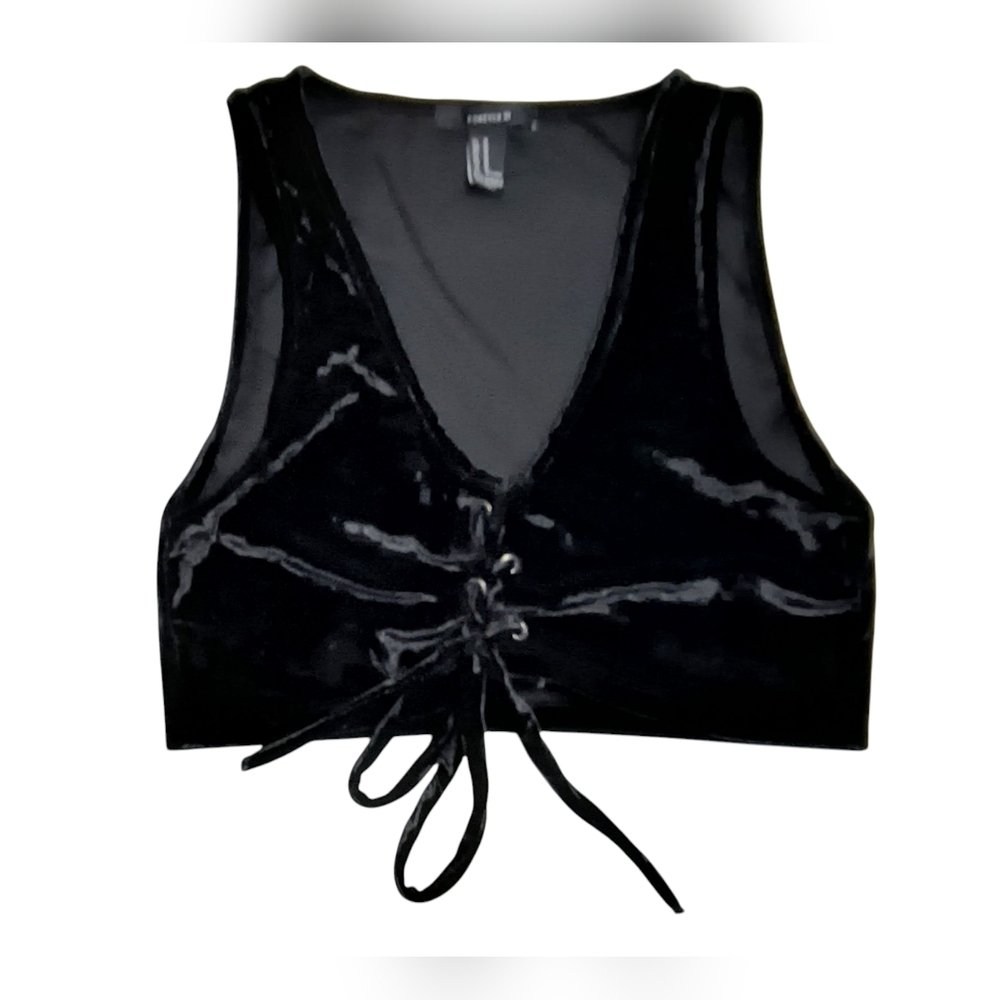 Forever 21 Black Velvet Goth Whimsigoth Cropped Front Lace Up Sleeveless Top M
